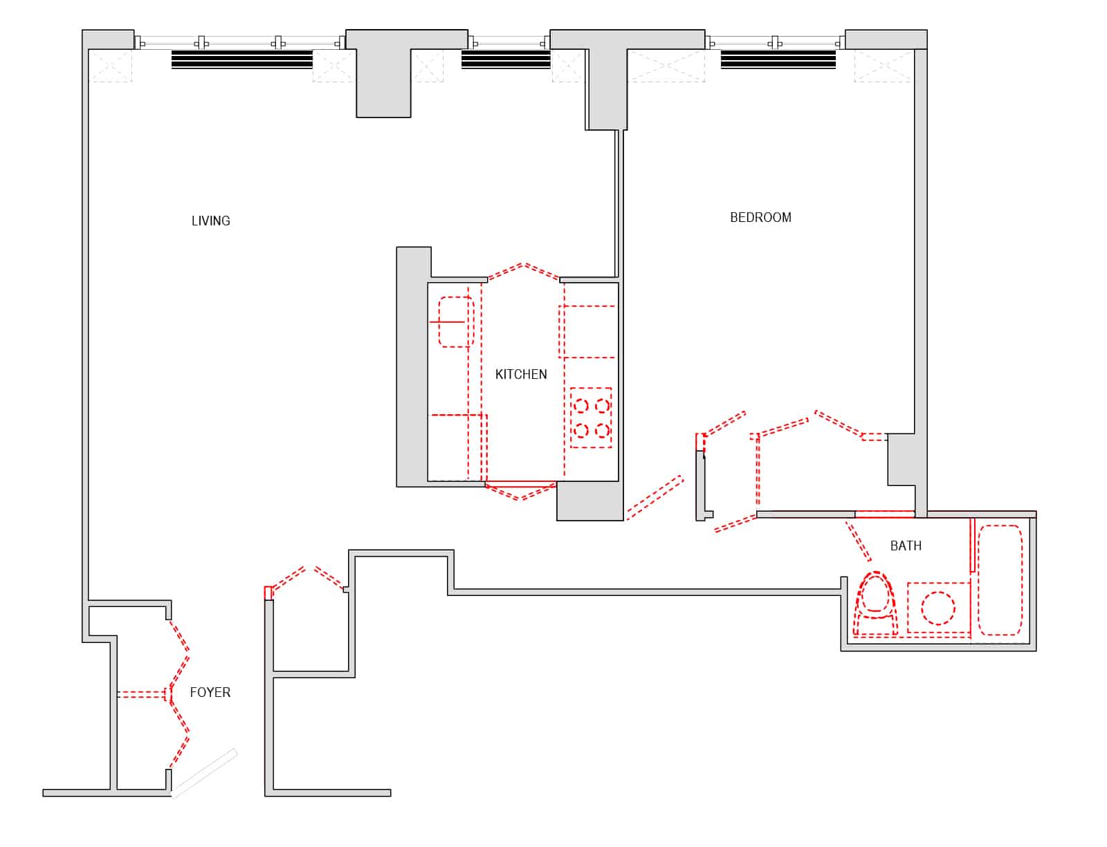 Before and after floorplan for apartment gut renovation, New York City