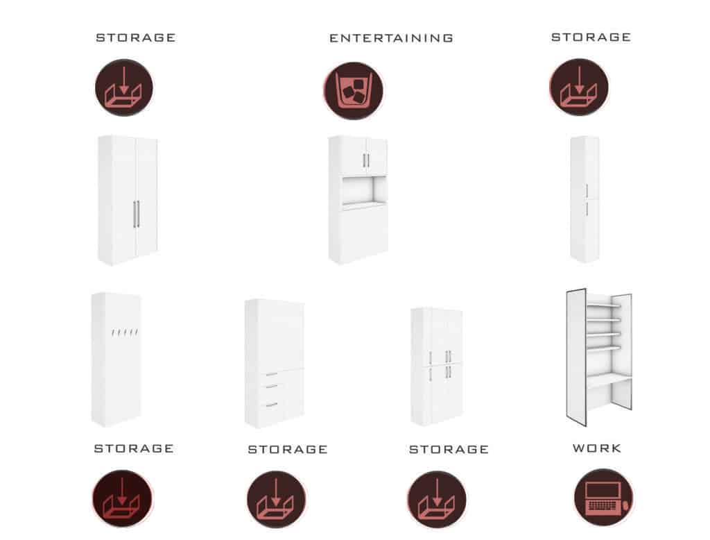 Modular systems to maximize space in apartment including bed, office, gym, media and shelving